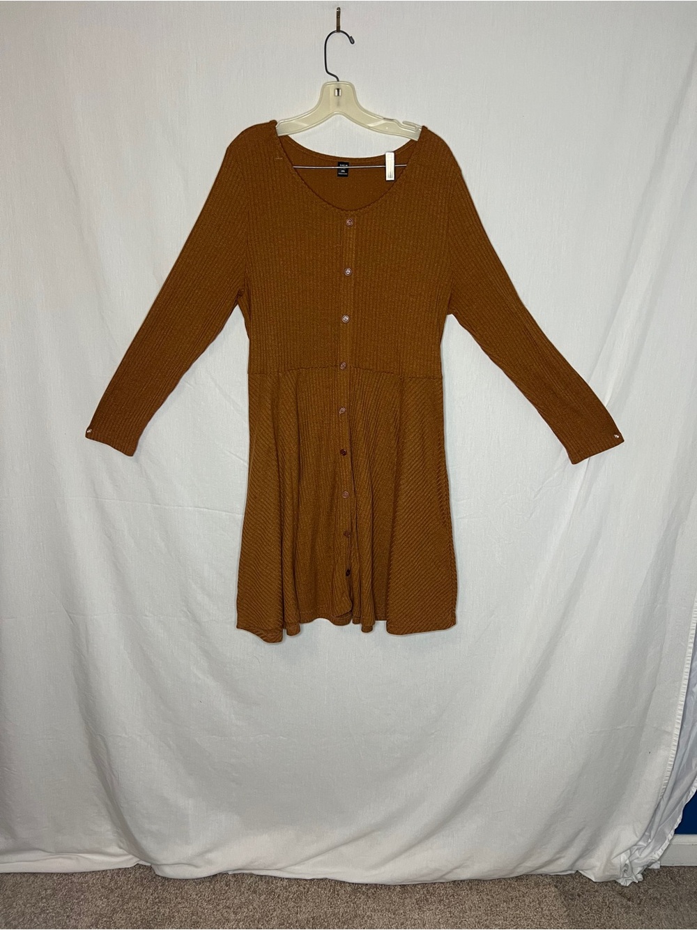 SHEIN Curve 3XL Brown Ribbed Knit Button Front Fit & Flare Dress Rust